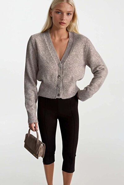 Maxi modena V-Neck Accessory Detail Stone Knitwear Cardigan