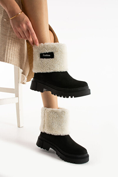TubiBella İçi Yünlü Siyah Renkli Süet Kadın Bot