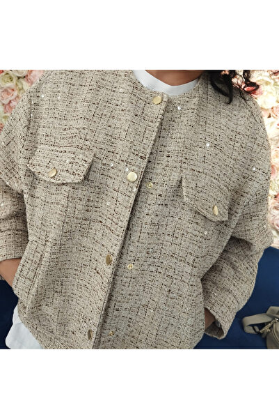 HOPEFUL DESİGN Zero Collar Pocketed Snap Sequin Chanel Fabric Jacket