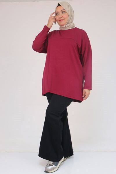 Eslina 58132 Plus Size Slit Modal Tunic with Open Front Detail - Claret Red