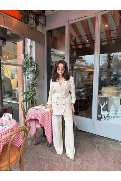 SUXİRCNHTMTS Γυναικείο κοστούμι με διπλό υφασμάτινο ασημί κουμπί με λεπτομέρεια ροζ και ζώνη