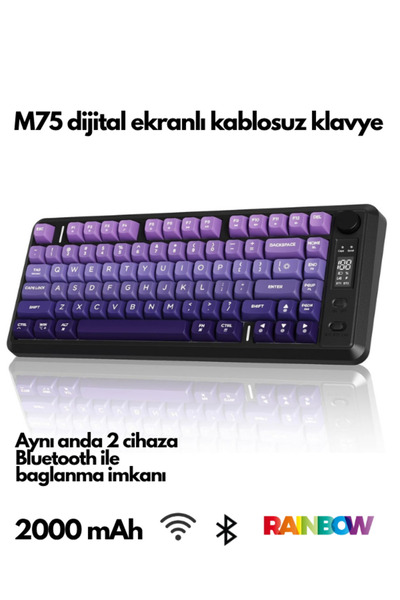 ATAsoft ELEKTRONİK Since 2021 Freewolf M75 Kablosuz BT1+BT2+2.4Ghz Oled TFT Ekranlı Rainbow Aydınlatmalı Gaming Oyuncu Klavye