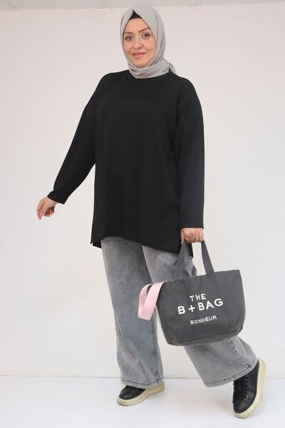 Eslina 58132 Plus Size Slit Modal Tunic with Open Front Detail - Black