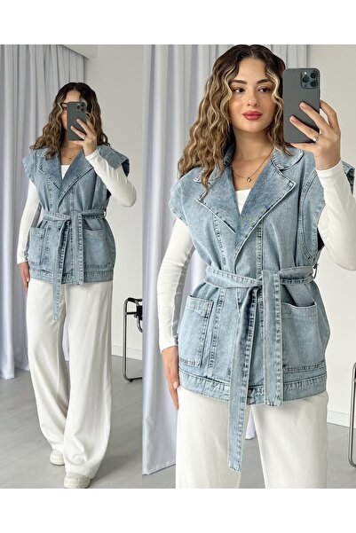 MissPul Belted Luxury Quality Light Blue Denim Vest Jacket with Pocket Detail