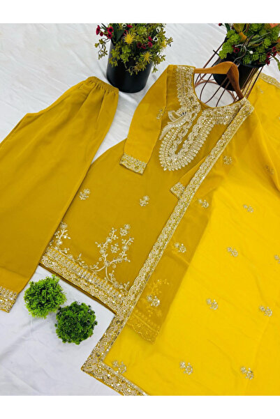 MYSMAR Yellow Faux Georgette Salwar Kameez & Dupatta - FFT1147 | Yellow
