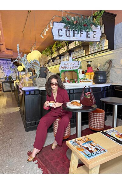 SUXİRCNHTMTS Double Kumaş Gümüş Düğmeli Gül Detaylı Kadın Takım Elbise