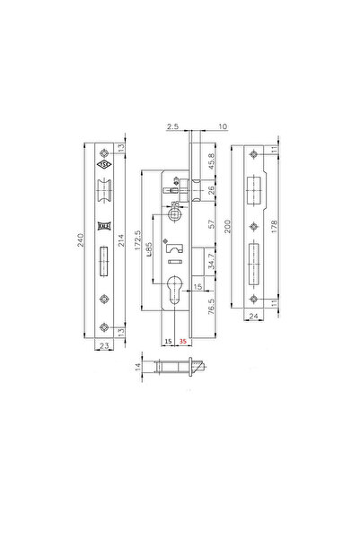 Kale Kilit Mortise lock with tongue 153-35 Kale Kilit, aluminum joinery, backset 35 mm, interax 85 mm, gold