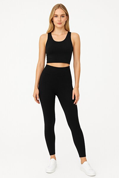 Women's Black High Waist Long Leggings – Stretch Combed Cotton Elastane Fabric Casual Daily and Sports Use Quota4000