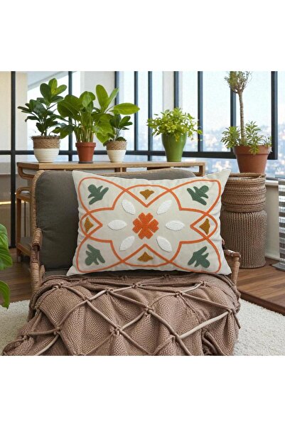 HD HOME COLLECTİON Linen Fabric Geometric Series Orange Detail Punch Throw Pillow Cover 35*50 cm