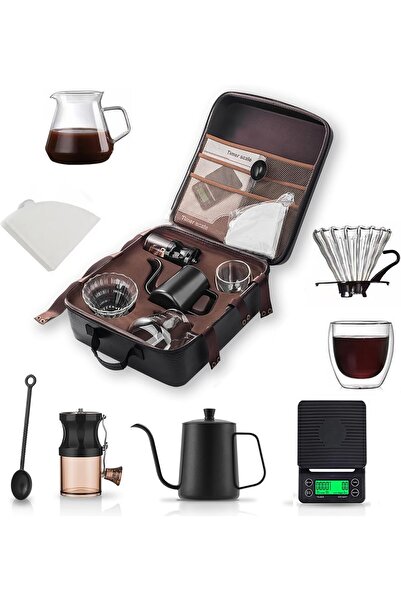 TERRION طقم ماكينة تحضير القهوة بالتنقيط V60، 9 قطع، مع مطحنة، غلاية، فلتر ومقياس