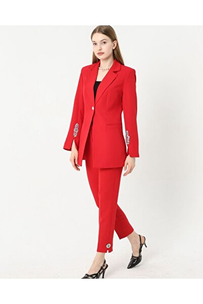 SUXİRCNHTMTS Double Fabric Stone Detailed Sleeve and Leg Ankle Women's Suit