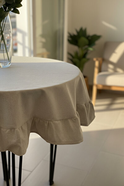 Kayasoft Fırfırlı Doğal Pamuk Keten Yuvarlak Masa Örtüsü - Dekoratif Kullanım