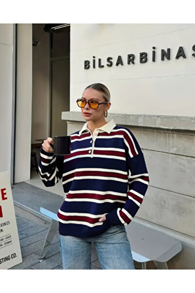 ÖZKURTOĞLU COLLECTİON Buttoned Polo Neck Striped Knitwear Women's Sweater