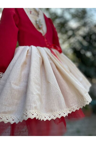 Sare Çocuk Giyim Red Vest Lace-Up Linen Baby Vintage Dress and Bandana