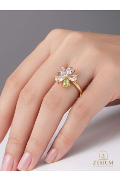 ZERİUM حلقة نسائية قابلة للتعديل من الزجاج الوردي الذهبي مع حجر زجاجي وردي ذهبي