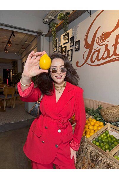 SUXİRCNHTMTS Double Kumaş Gümüş Düğmeli Gül Detaylı Kadın Takım Elbise