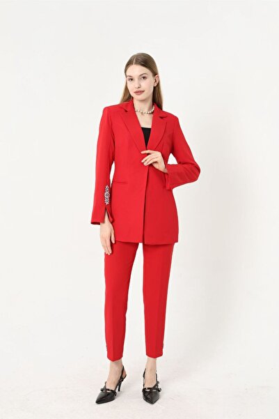 SUXİRCNHTMTS Double Fabric Stone Detailed Sleeve and Leg Ankle Women's Suit