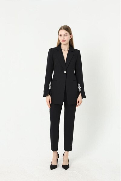 SUXİRCNHTMTS Double Fabric Stone Detailed Sleeve and Leg Ankle Women's Suit