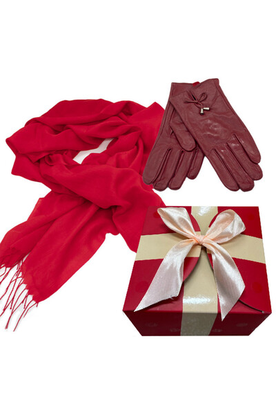 FashionForYou Shawl scarf, made of thin cashmere material, matching gloves, gift wrapped, Red, 178x72 cm