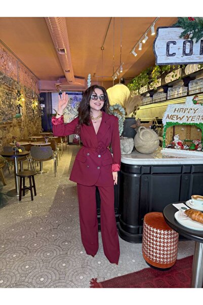 SUXİRCNHTMTS Double Kumaş Gümüş Düğmeli Gül Detaylı Kadın Takım Elbise