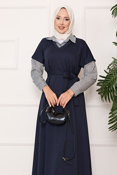 EBRUTESETTÜR Kolu Ve Yakası Çizgi Paneled Soft Dress