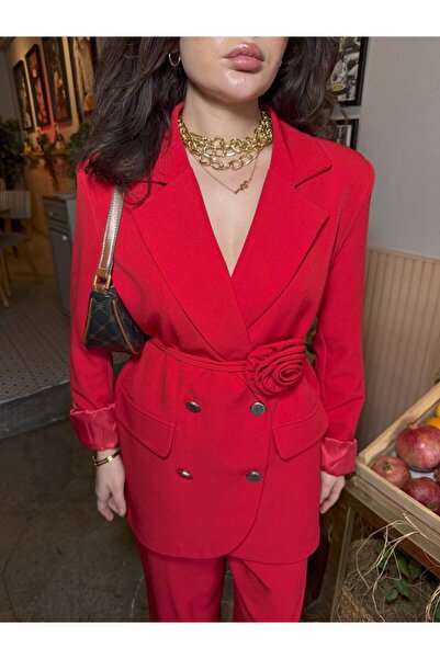 SUXİRCNHTMTS Double Kumaş Gümüş Düğmeli Gül Detaylı Kadın Takım Elbise