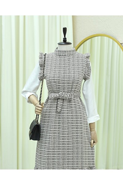 Modamorfo Tweed Gilet with Ruffled Sleeves and Belt - Brown