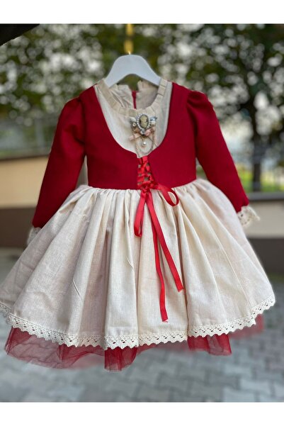 Sare Çocuk Giyim Red Vest Lace-Up Linen Baby Vintage Dress and Bandana