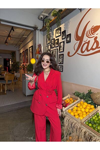 SUXİRCNHTMTS Double Kumaş Gümüş Düğmeli Gül Detaylı Kadın Takım Elbise