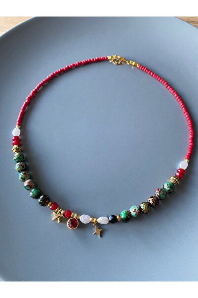 dela otantik Handmade Beaded Authentic Women's Necklace – Star Detailed Ethnic Bohemian Bijouterie Jewelry - Boho Necklace