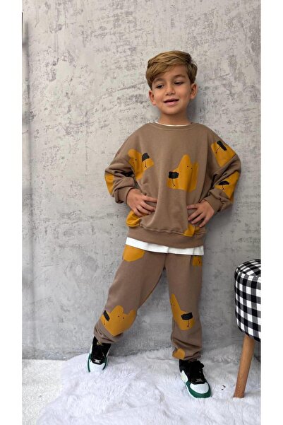 Magu Boys' Cotton Brown Bear Print Sweatshirt and Jogger Tracksuit Set - Comfortable Casual Style