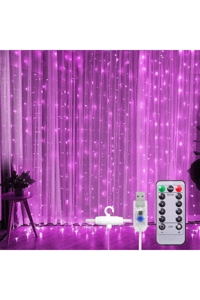 EMATTEIRO Christmas Curtain Installation 3x3m, 300 LED, USB, 8 Modes, Remote Control, Pink