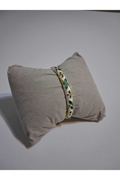 MODA MANANI Green Leaf White Patterned Enamel Handcuff Bracelet