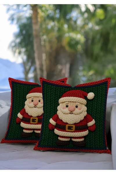 Pillow Home Punch Görünümlü Noel Baba Desenli Yeşil Kırmızı Yılbaşı Temalı Dijital Baskılı Kırlent Kılıfı 2li
