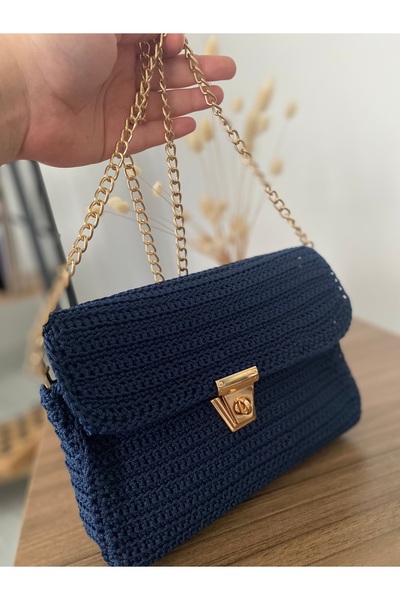 henaabag Lacivert kanvas çanta, kadın el örgüsü kol çantası