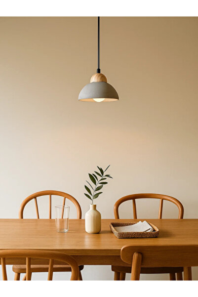 MARIA HOMES Modern Gray Pendant Light – Concrete and Wood Hanging Lamp for Living & Dining Room