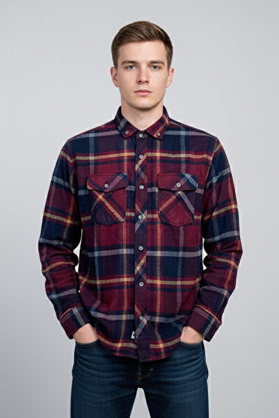 Zermon Kırmızı Lacivert Zemin Sarı Beyaz Çizgili Oduncu Gömleği