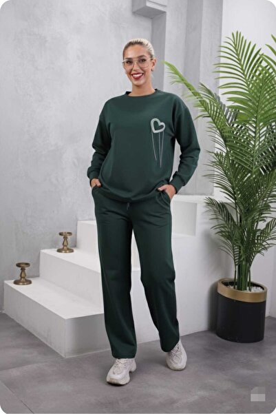 aytenli Round Neck Beaded Heart Figured Single Jersey Casual Sports Set