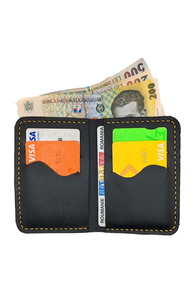 Natty Pell - Slim wallet in leather, handmade, black with yellow