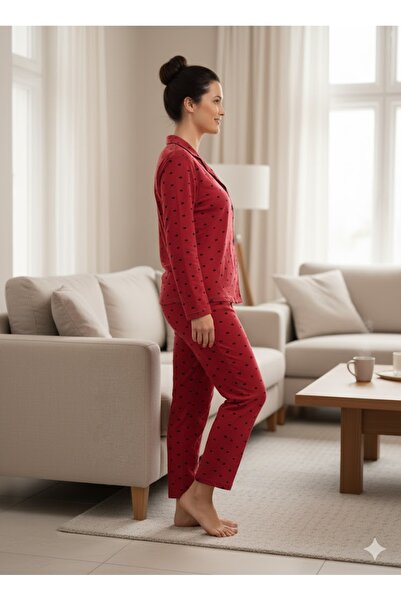 FAMES PİJAMA Women's Red Buttoned Pajama Set