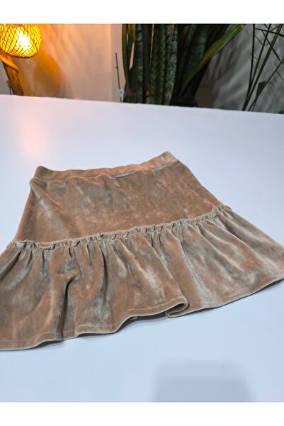 Şimo Butik Girl's French Velvet Flounce Skirt Short Mini Ruffled Elastic Waist Camel