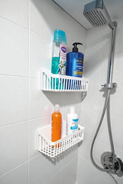 safestore رف حمام لاصق أبيض، منظم حمام مكون من قطعتين، رف دش مع خطاف، حامل شامبو