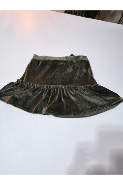 Şimo Butik Girl's French Velvet Flounce Skirt Short Mini Ruffled Elastic Waist Khaki Green