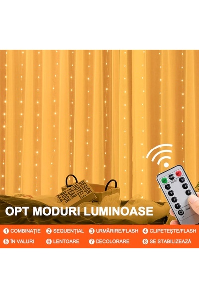 EMATTEIRO Christmas Curtain Installation 3x3m, 300 LED, USB, 8 Modes, Remote Control, Warm White