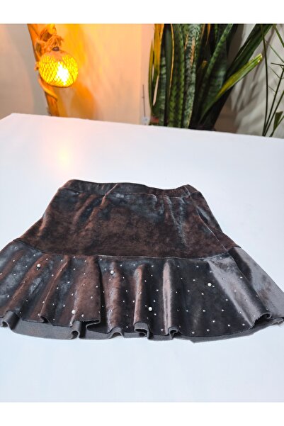 Şimo Butik Girl's French Velvet Flounce Skirt Short Mini with Pearls and Stones Elastic Waist Anthracite