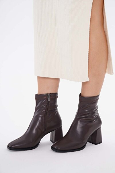 nuvilo Brown Skin Stretch 8.5 cm Thick Heel Zipper Women's Boots