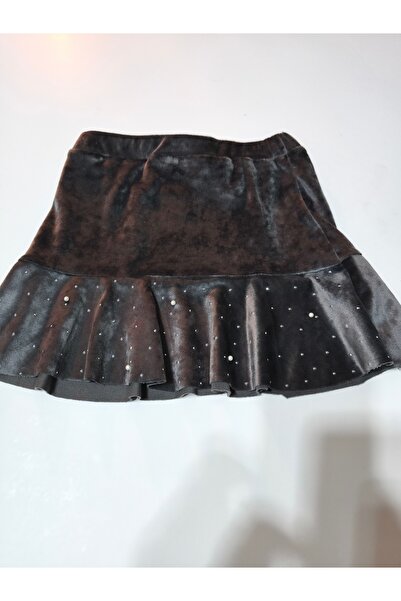 Şimo Butik Girl's French Velvet Flounce Skirt Short Mini with Pearls and Stones Elastic Waist Anthracite