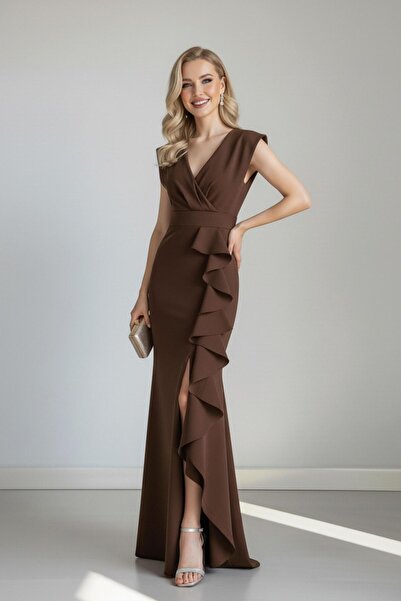 Euro Class Şık Kruvaze Yaka Nikah ve Davet Elbisesi