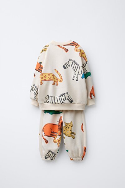 Magu Unisex Kids Cotton Cream Safari Animal Patterned Sweatshirt and Jogger Tracksuit Set