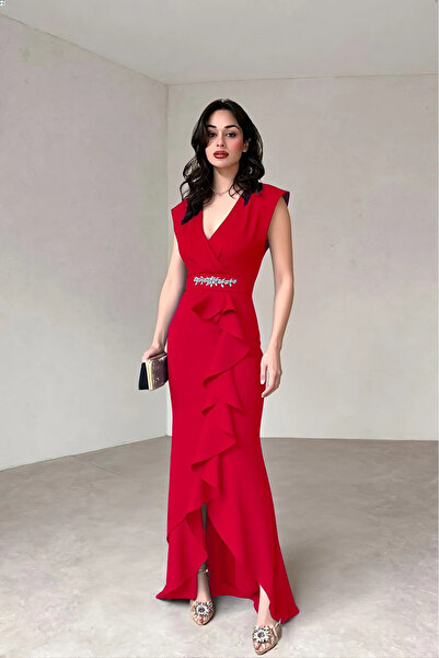 Butik Women's Red Long V-Neck Stone Detailed Flared Evening Dress